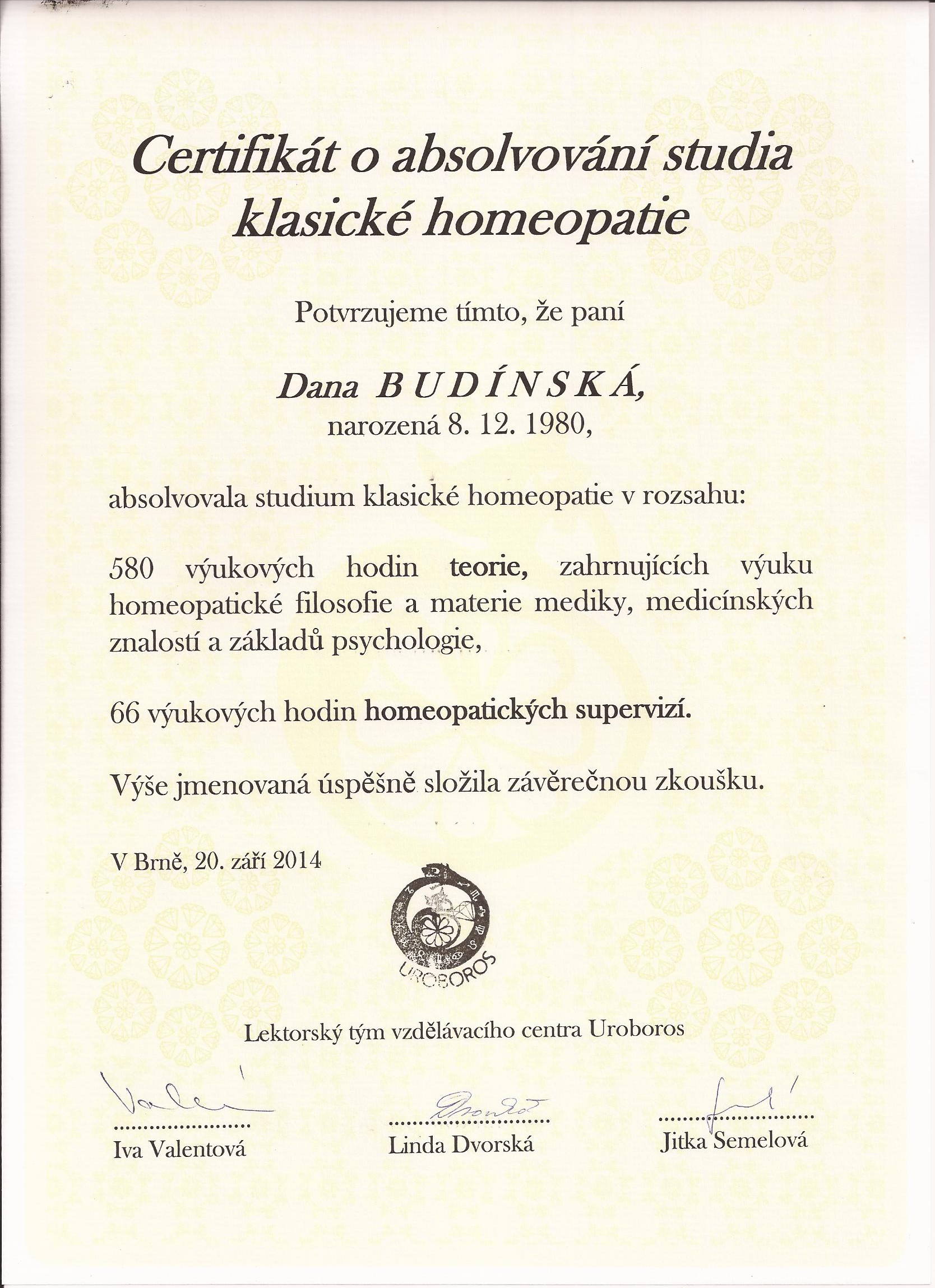 Certifikát o absolvovaní štúdia klasickej homeopatie